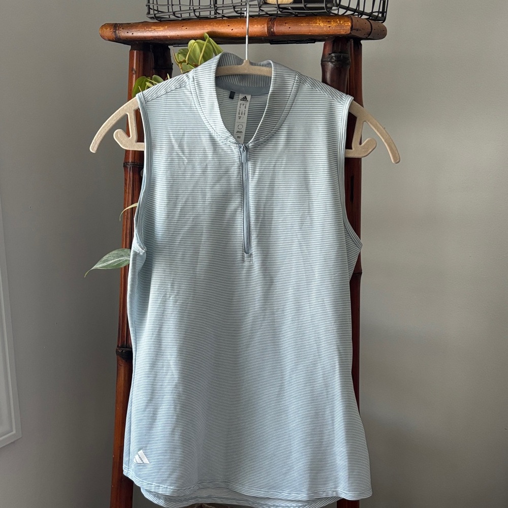 Women’s Adidas Sky Blue and White Stripped Sleeveless Golf Shirt